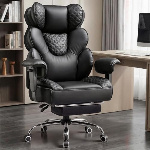 COMHOMA Big and Tall Office Chair with Upgrade Footrest, Heavy Duty Gaming Chair High Back Executive Chair with Spring Lumbar Support for Lower Back Pain Relief, 150°Reclining Adjustable Armrests - color: Luxury Black
