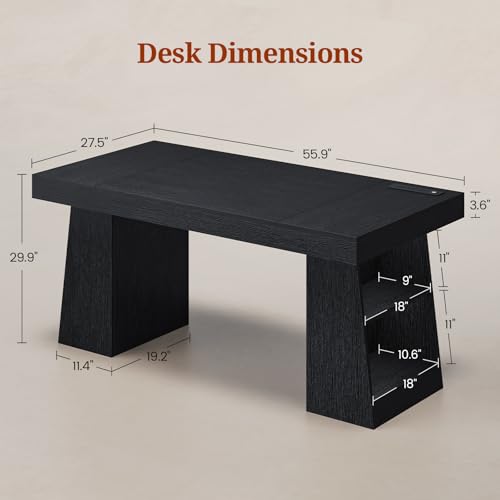UPOSOJA 55.9 in Executive Desk with Power Outlets, Modern Home Office Desk with Storage Shelves, Wood Computer Desk Business Workstation Desk Conference Table, Black (Storage Shelves) - color: Black, size: 55.9in Shelves