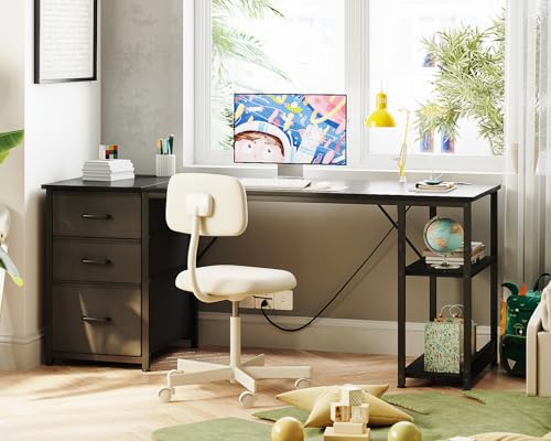 AODK 63 Inch Computer Desk with Drawers & USB Power Outlets - color: Black, size: 63 Inch