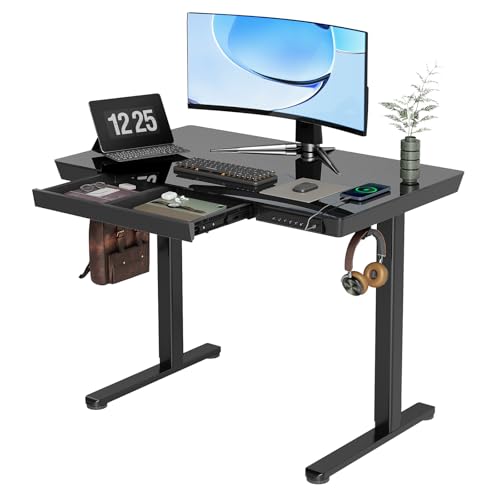 YDN Glass Standing Desk with Drawers, 40 x 24 Inch Electric Stand Up Desk with USB Ports, Adjustable Height for Home Office, Black - color: Black, size: 40inch