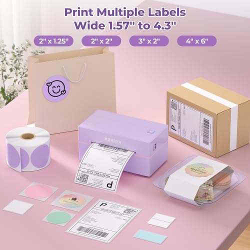 MUNBYN Bluetooth Thermal Label Printer, Wireless 4x6 Shipping Label Printer | Work for Shipping Packages Small Business Office or Home, Compatible with iPhone Android iPad Windows macOS Chrome - color: Purple