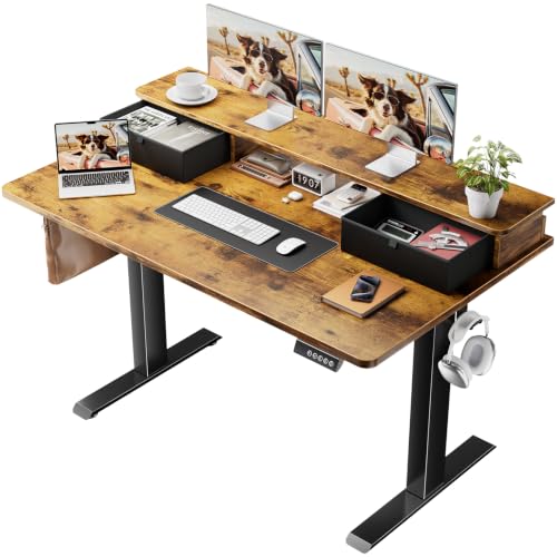 Veken 47x28 in Electric Standing Desk with Drawers, Adjustable Table, Brown | Stand up Computer Desk for Home Office, Work & Study, with Storage, 3 Memory Presets, Cable Organizer, Hook, and Quiet Lift. - color: Brown, size: 47.2×28 Inch