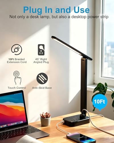 LED Desk Lamp, 10Ft Power Strip with 3 Outlets 4 USB Ports(2 USB C), Black - color: Black, size: 10 Ft