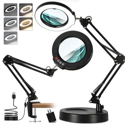 12X Magnifying Glass with Light and Stand, Real Glass Lens Magnifying Desk Lamp, Lighted Magnifier with Light Stepless Dimming Hands Free for Craft, Reading, Painting, Sewing, Solder - color: Black