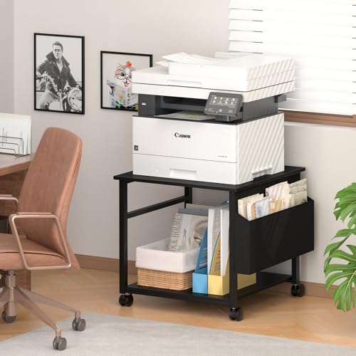 Lerliuo Black Large Printer Stand with Storage | 23.6" W x 23.6" D x 22.8" H Printer Table for Home Office, Rolling Printer Cart Holder with Lockable Wheels & Side Pocket - color: Black