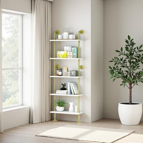 5 Shelf Modern Gold Bookshelf, Wall Mount White Bookcase, Ladder Shelf with Metal Frame, Display Shelf Shelves for Living Room/Home/Office - color: Gold, size: 5 tier