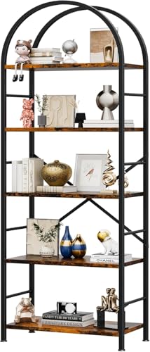 Vongrasig 5 Tier Arched Bookshelf, Industrial Tall Open Bookcase, Walnut - color: Walnut With Arched Top