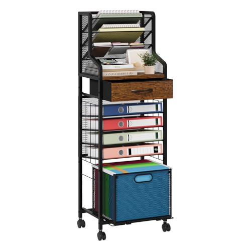 SWTYMIKI 10-Tier Rolling File Cart - Mesh Paper Organizer with Drawer & Hanging File Folders on Lockable Wheels, Rolling File Cabinet for Office Organization, Storage in Home, Studio, School, Espresso - color: Espresso, size: 14.37x43.31in