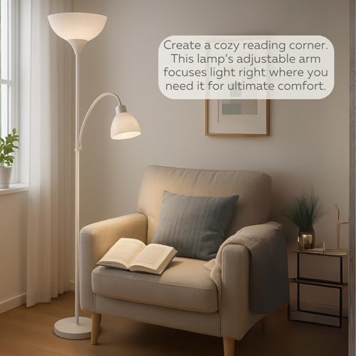 LIGHTACCENTS Floor Lamp with White Plastic Shades, Adjustable Standing Lamp, Reading Light, Head Lamp, Ideal Floor Lamps for Living Room, Measures 12x12x72 inches - color: White Reading Lamp
