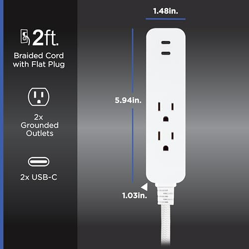 GE Surge Protector Power Strip with USB Ports, Combo Pack | 2 Ft Braided Extension Cords, 245 Joules, 6 Outlet & 2 Outlet Extender, 2 USB-C, Flat Plugs, ETL Certified, White, 86076 - size: 2 Ft Combo Pack