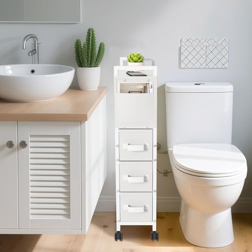 Oppro 3 Drawer Small Narrow Side End Table, Slim Nightstand with Wheels - color: White, size: 3 Drawers