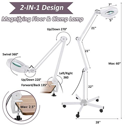 Veemagni Super Bright 2,200 Lumens, 15X Magnifying Glass with Light and Stand, Floor Lamp with 5-Wheel Rolling Base for Facials Lash Estheticians, LED Lighted Magnifier for Eyelash Extensions Reading