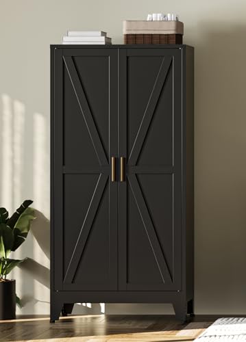 Bevivog 61" Farmhouse Metal Storage Cabinet with 2 Doors and 3 Adjustable Shelves, Black Metal Pantry Cabinets for Kitchen Bathroom, Laundry Room, Living Room - color: Black, size: 61"H-2 Doors