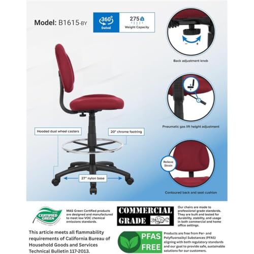 Scranton & Co Contoured Burgundy Fabric Drafting Stool, 20" Chrome Footring, Pneumatic Height 26.5"-31.5", Ergonomic Seat and Back, Tweed Upholstery, Black Nylon Base, Office or Studio Use