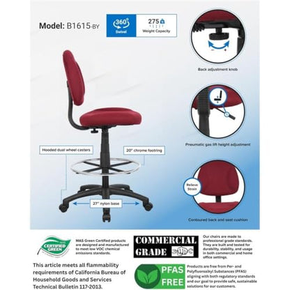 Scranton & Co Contoured Burgundy Fabric Drafting Stool, 20" Chrome Footring, Pneumatic Height 26.5"-31.5", Ergonomic Seat and Back, Tweed Upholstery, Black Nylon Base, Office or Studio Use