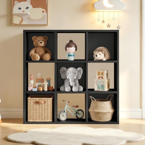 LUCKLIFE 9-Cube Storage Organizer, Modular Bookcase Shelf with Vertical or Horizontal Use, Fits 11×11" Bins, Optional Back Panels, for Living Room, Office, Black - color: 9 Cube - Black