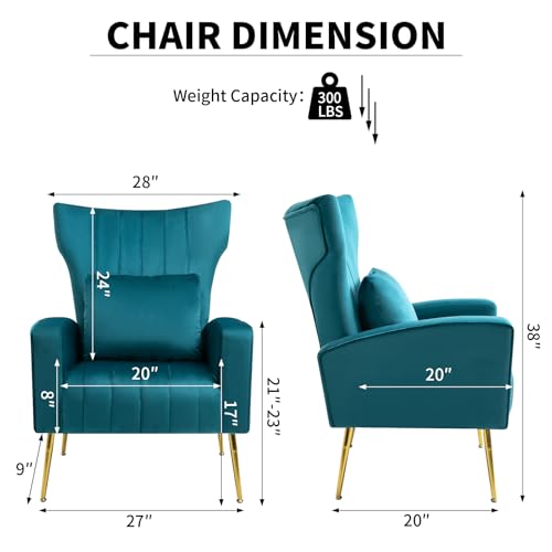 Velvet Accent Chairs Set of 2, Modern Arm Chair with Wingback & Gold Metal Legs for Living Room, Bedroom, Waiting Room, Lumbar Pillow Included, Dark Teal - color: Teal, size: 2PCS with Channel Tufted