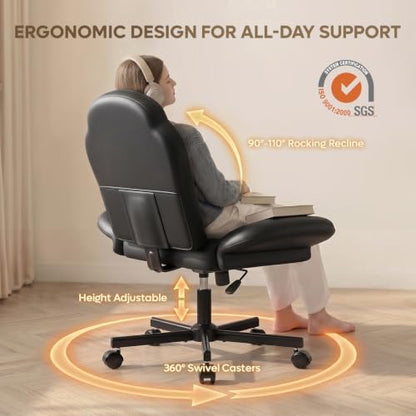 Bestier Criss Cross Office Chair with FILP-Up Armrests, Black PU Leather | Rocking Recline, Swivel Makeup Vanity Chair with 5-Level Folding Armrest, Cross Legged Desk, Adjustable Height Swivel Chair - color: Black Pu Leather