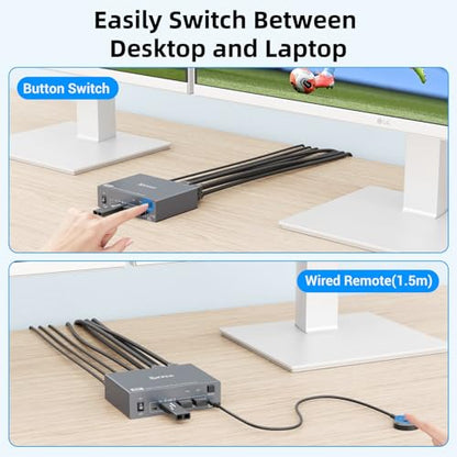 USB C KVM Switch 2 Monitors 1 Laptop 1 Desktop 4K@60Hz, HDMI Dual Monitor KVM Switch 2 Computers Share 2 Monitors and 4 USB3.0 Ports, 80W PD Charging, Wired Remote,USB-C Cable and 12V Adapter Included