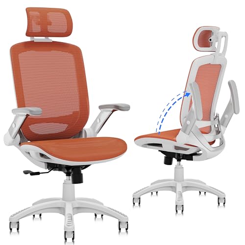 GABRYLLY Ergonomic Office Chair, High Back Home Desk Chair with 2D Flip-Up Arms, 3D Headrest, 90-120° Tilt and Wide Cushion, Big and Tall Mesh Chairs for Man Woman, Computer Task Chair Orange - color: White Frame Orange Mesh