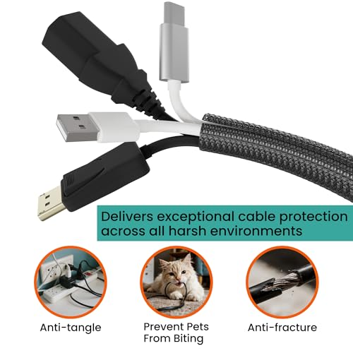 Braided Cable Management Sleeve, 10 ft (120 in), 1/2 in, Black | Expandable Split PET Braid, Self-Closing Design for TV, PC, USB and Ethernet Cables, Protect Pets Kids - size: 10ft-1/2"