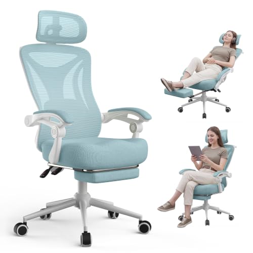 CYKOV Ergonomic Office Chair with Footrest - Adjustable Lumbar Support & Headrest, 90-135° Reclining Mesh Back Computer Chair - Home Office/Gaming, 350lbs Capacity - color: W-blue
