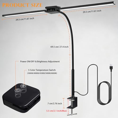 LED Desk Lamp for Home Office, Double Head Computer Monitor Light with Clamp, 5 Color Modes and 3 Brightness Levels, Long Flexible Goose-Neck, USB Eye-Caring Clip on Lights for Reading, Black - style: Double Tubes Lamp