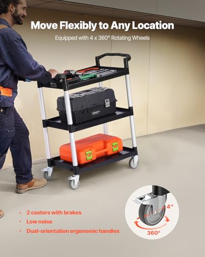 VEVOR Utility Cart, 300 lbs Load Capacity, 3-Tier Utility Plastic Cart with 360° Swivel Wheels (2 with Brakes), 24.4 x 16.1-inch Food Service Cart for Warehouse, Office, Home, Restaurant, Kitchen - style: 3 Tier-300LBS