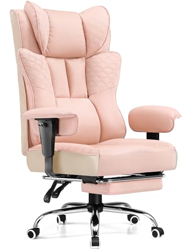 GTPLAYER Big and Tall Office Chair Wide Ergonomic Gaming Chair with Deluxe Embossing Designed Leather with Foot Rest,150°Reclining Adjustable Soft Armrests Pocket Spring Back Support and Pillow - color: Pu-pink