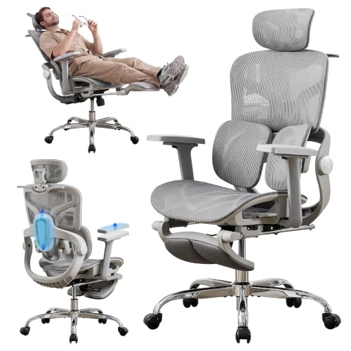 Ergonomic Mesh Office Chair with 2-Zone Lumbar Support and Footrest,Grey | Big and Tall, 400LBS, Adjustable Seat Depth, 4D Headrest, 4D Armrests Swivel Executive Chair for Home Office - color: Grey