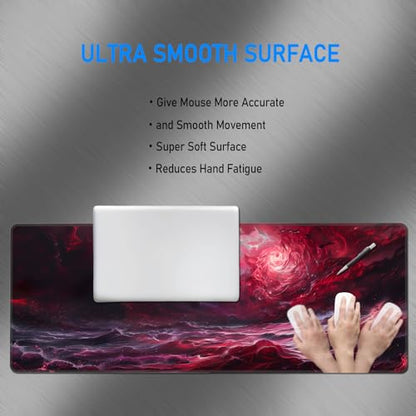 Large Red Cool Gaming Mouse Pad,Wave Abstract Art Desk Mat,31.5x12in | XL Extended Dark Style Blood Moon Scarlet Sea E-sports Keyboard Mat with Stitched Edges for Men,80 x 30 cm - color: Red Abstract Art