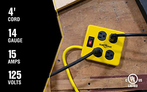 Southwire Yellow Jacket Metal Power Block - Heavy Duty Design - 4 Outlet Grounded Plug Splitter - Lighted Switch - 4 Ft Yellow Cord Plug - Durable Workshop Use - size: 4 ft
