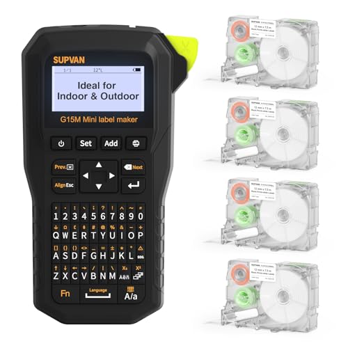 SUPVAN G15M Mini Portable Label Maker Machine with 4 Continuous Tapes | Heat Shrink Tube & Multiple Label Types, Rechargeable, Minimal Margin, LCD Backlit, Thermal Transfer, Home, Garage, Outdoor - style: Machine + Tapes(4 Continuous)