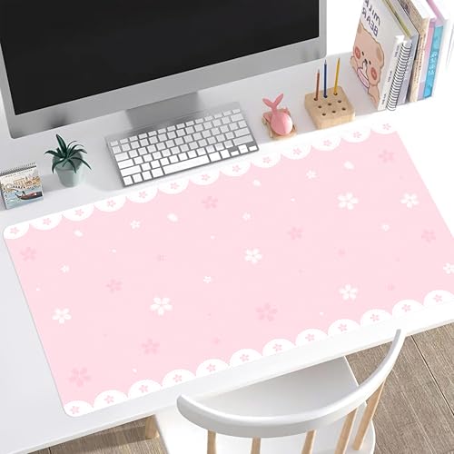 Cute Cherry Blossoms Desk Mat, Sakura Extended Gaming Keyboard Mouse Pad, Large Office Desk Cover Mat Pad Deskmat, Non-Slip Leather Home Office Desk Mat Protector 31.5"×15.7", Pink - color: Pink, size: 31.5" x 15.7"