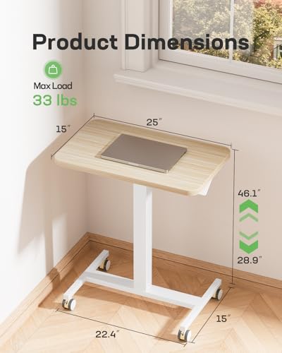 Marsail Mobile Standing Desk, Wider Height Adjustable Computer Desk, Rolling Sit Stand Desk with 4 Lockable Wheels, Ergonomic Desk for Home Office and Classroom, Natural - color: Natural, size: 25x15 Inch