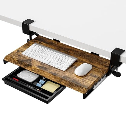ETHU Keyboard Tray Under Desk, 19.7" X 12.2" Small Size C Clamp Keyboard Drawer Under Desk, Computer Keyboard Stand Slide Pull Out, Ergonomic Keyboard Tray for Home, Office (Wood) | Slide Out Ergonomic Keyboard Drawer, Pull Out Keyboard Tray for Home Offi