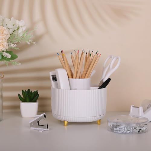 SKYDUE White Office Supplies Set, Office Desk Accessories 10PCS, Pencil Holder for Desk, Stapler, Tape Dispenser, Scissors, Ruler, Binder/Paper Clips and 1000pcs Staples,Desk Supplies Set - color: White