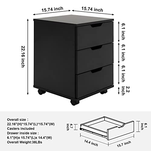 Farini 3-Drawer Vertical Filing Cabinet Rolling Wood Mobile File Cabinets Under Desk for Home Office with Casters,Black,Fully-Assembled - color: Black, style: Fully-assembled