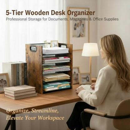 Desk Organizer - 5-Tier Desktop File Organizer, Wooden Paper Tray Organizer, Office Desk Organzier and Accessories for Papers, Mail, Notebooks, Stationery - size: 5 Tier