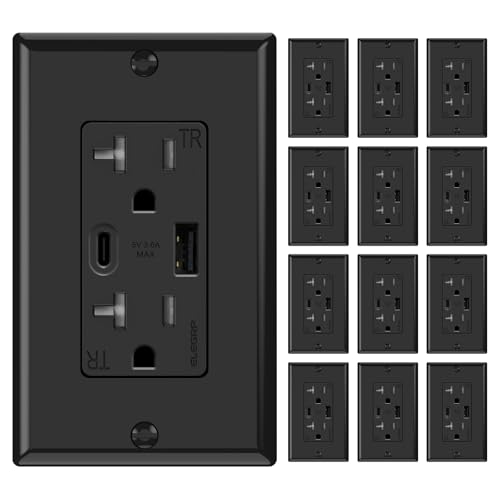 ELEGRP USB Wall Outlets 12 Pack, 20 Amp USB C Wall Outlets Receptacles, Outlets with USB A and USB C Ports, Tamper Resistant Receptacle, Wall Plate Included, UL Listed, Black - color: Black, size: 20 Amp Outlet