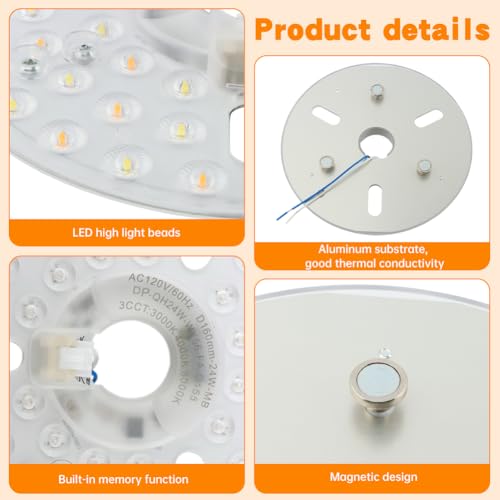 Ceiling Fan LED Light Replacement Disc 24W 6.3 in 120V 3CCT | Hardwired dimmable ceiling fan LED replacement panel with 3 CCT 3000K 4000K 5000K and anti-glare PC diffuser - size: 6.29 inch