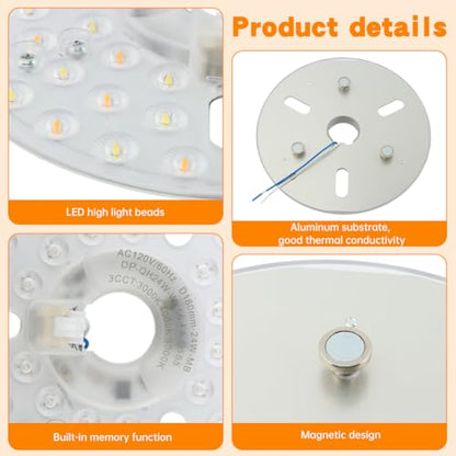 Ceiling Fan LED Light Replacement Disc 24W 6.3 in 120V 3CCT | Hardwired dimmable ceiling fan LED replacement panel with 3 CCT 3000K 4000K 5000K and anti-glare PC diffuser - size: 6.29 inch