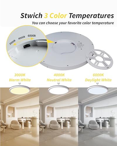 6pack 12 Inch Flush Mount Ceiling Light, 24w Led Ceiling Light, 3000k/4000k/6000k Selectable 2520lm Ceiling Lights, Super Slim Led Light Fixture For Bedroom Kitchen Living Dining Room Office (White) - color: White, size: Standard-12Inch-6Pack