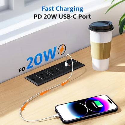 Recessed Power Strip with 20W USB C Port, Fast Charging USB A Port Conference Recessed Outlet, Space-Saver for Furniture Side Table, End Table, Desk Outlet with 6ft Cord, 45° Thin Flat Plug, Black