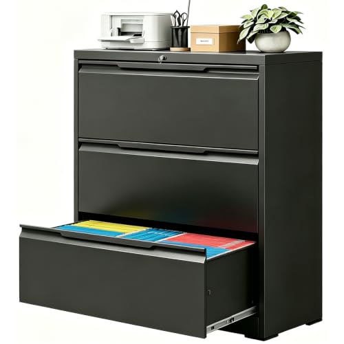 3 Drawer Lateral File Cabinet with Lock, Heavy-Duty Metal Filing Cabinet for Home Office, Steel Storage Compatible with Hanging Files Letter/Legal/F4/A4 Sizes, Black - color: Black, size: 3 Drawer-36"W