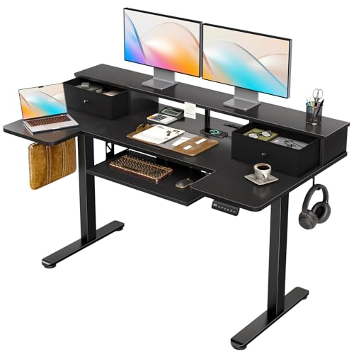OffiGo 55 Inch U Shape Standing Desk with Keyboard Tray & Drawers, Black - color: Black With Drawers, size: 55 Inch