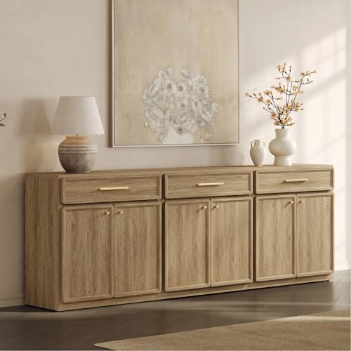 SICOTAS Buffet Cabinet with Storage Tall Modern Accent Storage Cabinet with Doors and Shelves 90 inch Wide Wooden Sideboard Credenza Buffets Console Table Coffee Bar for Kitchen Dining Living Room - color: Brown Oak, size: 3 Pieces