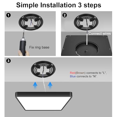 12inch 24W LED Flush Mount Ceiling Light, 3000K Square LED Ceiling Light, Black Flat Panel Lighting for Bedroom, Kitchen, Living Room - color: Warm White, size: Square-Black