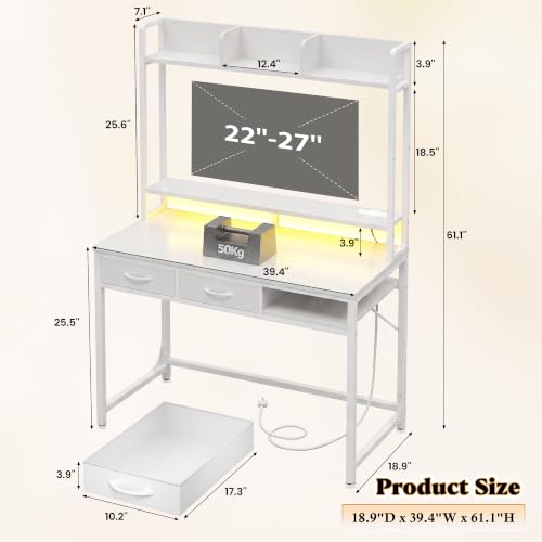 DurayLoly Computer Desk with Monitor Stand, LED Lights,Power Outlet - color: White, size: 18.9"D x 39.4"W x 61.1"H