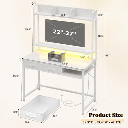DurayLoly Computer Desk with Monitor Stand, LED Lights,Power Outlet - color: White, size: 18.9"D x 39.4"W x 61.1"H